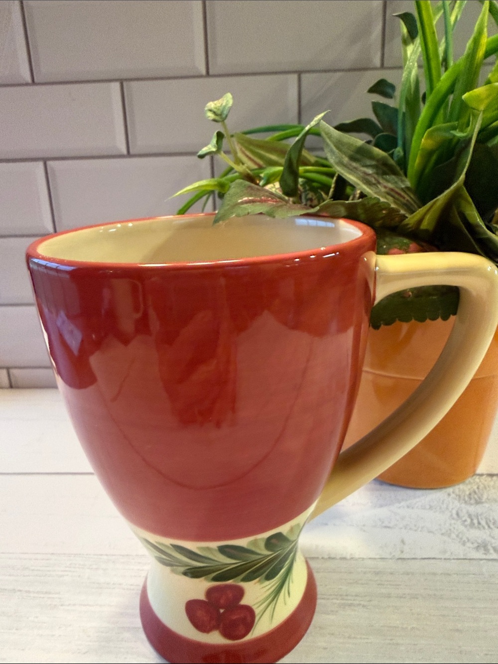 Southern Living At Home Red and Cream Ceramic Mug with Leaf and Berry Design